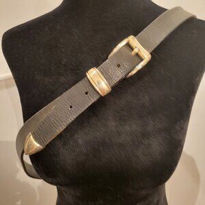 Skinny leather black vintage belt with silver buckle